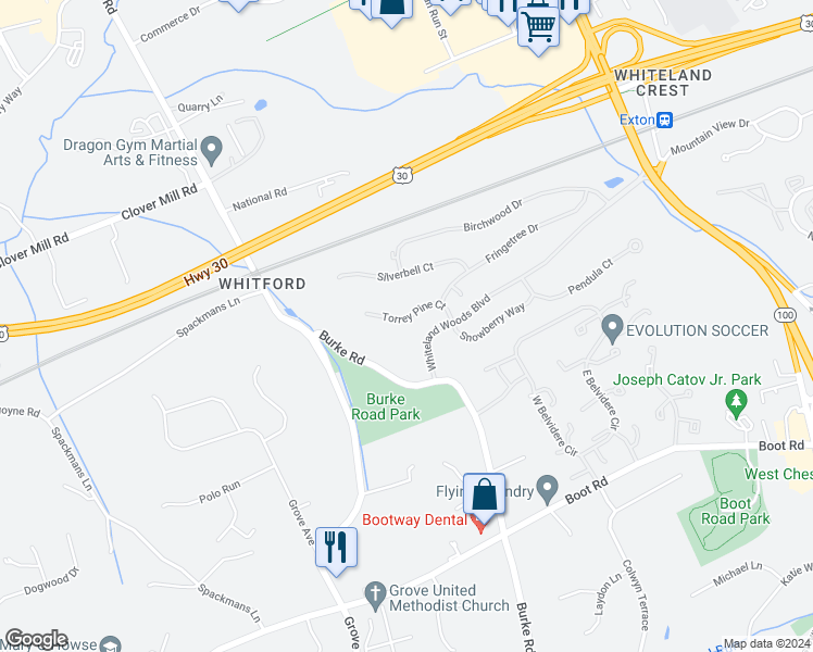 map of restaurants, bars, coffee shops, grocery stores, and more near 256 Torrey Pine Court in West Chester