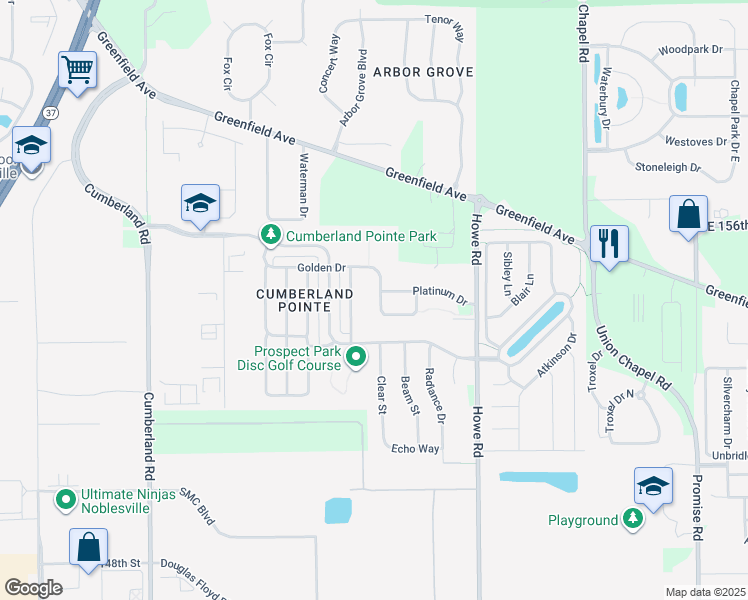 map of restaurants, bars, coffee shops, grocery stores, and more near 10325 Bronze Drive in Noblesville