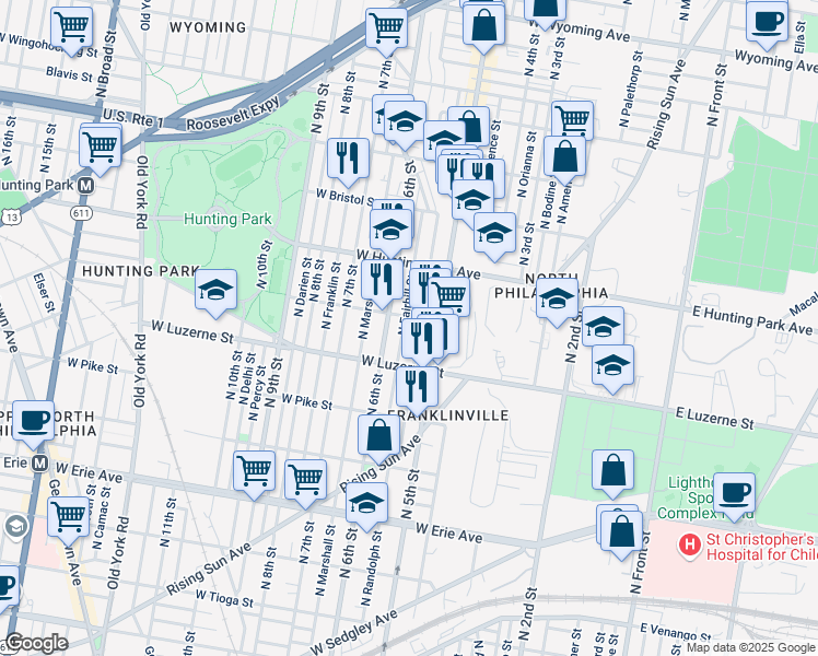map of restaurants, bars, coffee shops, grocery stores, and more near 4115 North Fairhill Street in Philadelphia