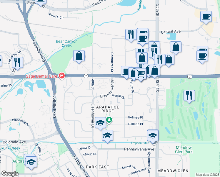 map of restaurants, bars, coffee shops, grocery stores, and more near 4930 Meredith Way in Boulder