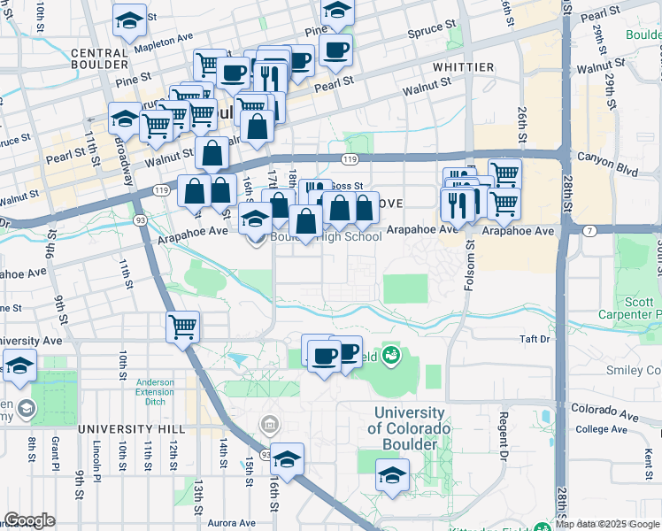 map of restaurants, bars, coffee shops, grocery stores, and more near 1410-1426 19th Street in Boulder