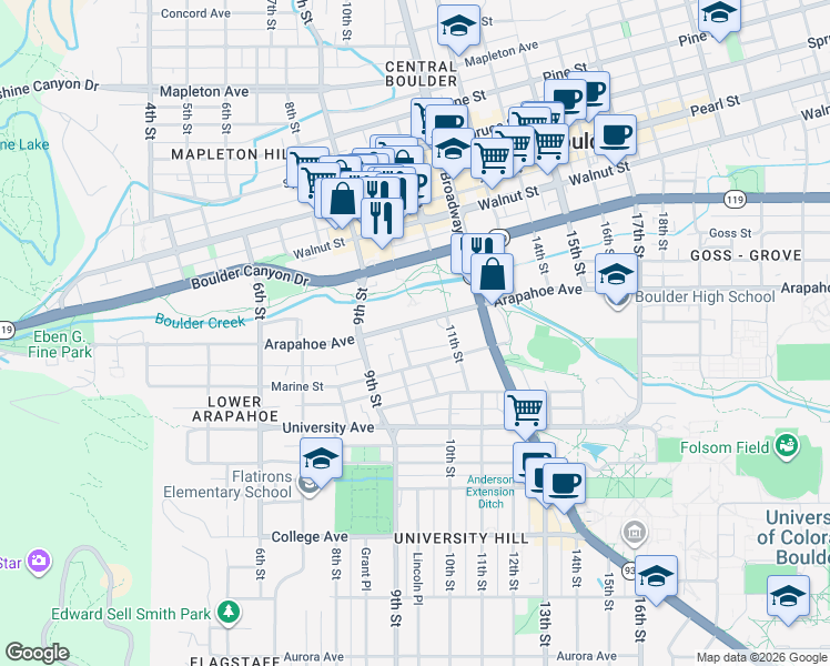 map of restaurants, bars, coffee shops, grocery stores, and more near 1001 Arapahoe Avenue in Boulder