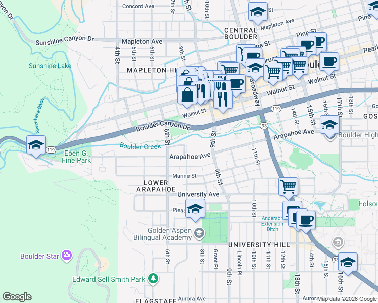 map of restaurants, bars, coffee shops, grocery stores, and more near 715 Arapahoe Avenue in Boulder