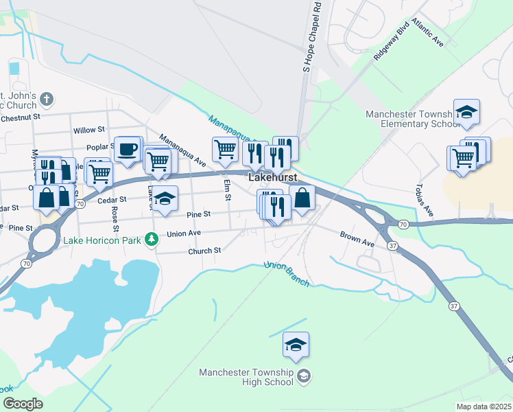 map of restaurants, bars, coffee shops, grocery stores, and more near 103 Hibernia Avenue in Lakehurst