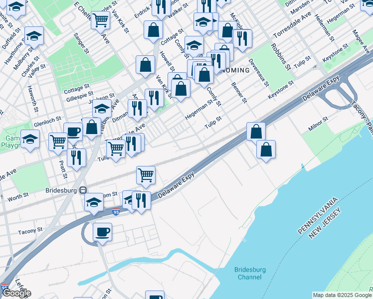 map of restaurants, bars, coffee shops, grocery stores, and more near 5710 Tulip Street in Philadelphia