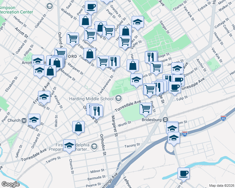 map of restaurants, bars, coffee shops, grocery stores, and more near 4700 Valley Place in Philadelphia