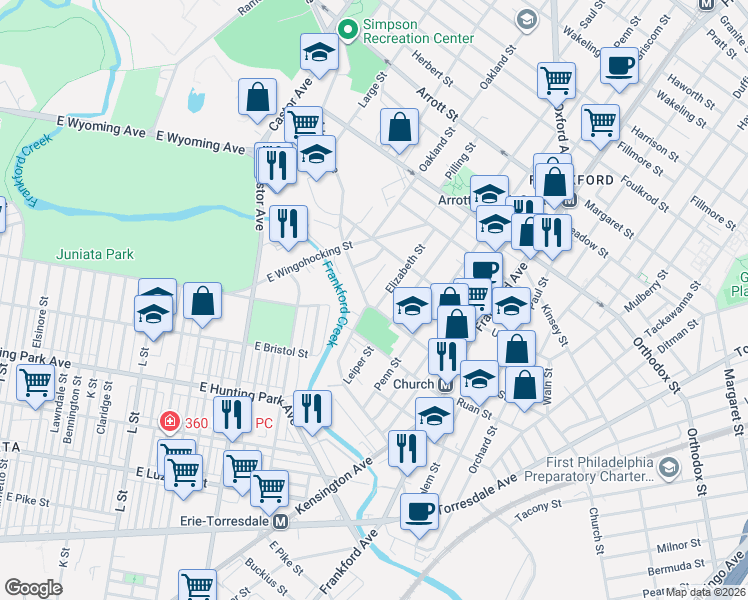 map of restaurants, bars, coffee shops, grocery stores, and more near 4336 Elizabeth Street in Philadelphia