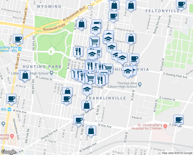 map of restaurants, bars, coffee shops, grocery stores, and more near 4115 North Fairhill Street in Philadelphia