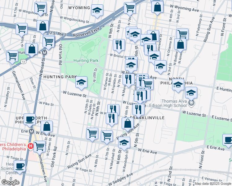 map of restaurants, bars, coffee shops, grocery stores, and more near 709 West Lycoming Street in Philadelphia