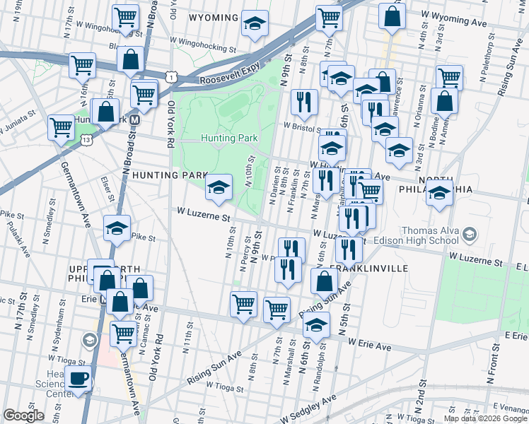 map of restaurants, bars, coffee shops, grocery stores, and more near 4052 North Darien Street in Philadelphia