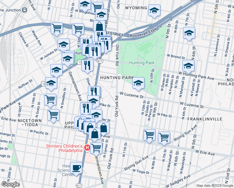 map of restaurants, bars, coffee shops, grocery stores, and more near 4023 Old York Road in Philadelphia