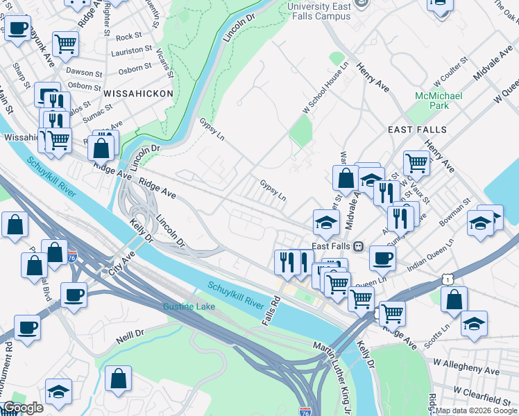 map of restaurants, bars, coffee shops, grocery stores, and more near 3613 Winona Street in Philadelphia