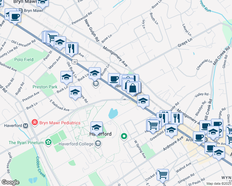 map of restaurants, bars, coffee shops, grocery stores, and more near 417 Lancaster Avenue in Haverford