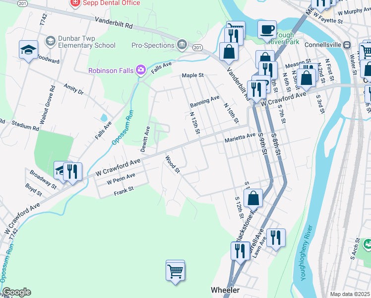 map of restaurants, bars, coffee shops, grocery stores, and more near 1510 West Crawford Avenue in Connellsville