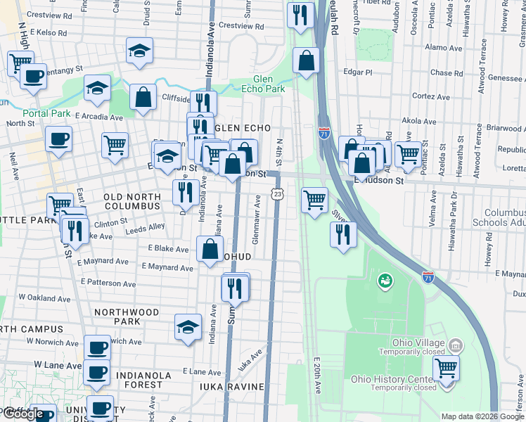 map of restaurants, bars, coffee shops, grocery stores, and more near 477 East Tompkins Street in Columbus