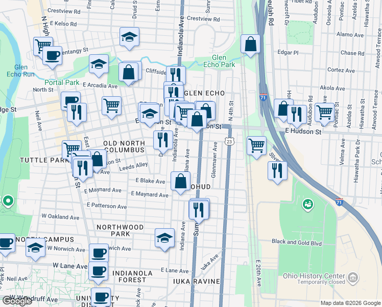 map of restaurants, bars, coffee shops, grocery stores, and more near 373 East Tompkins Street in Columbus