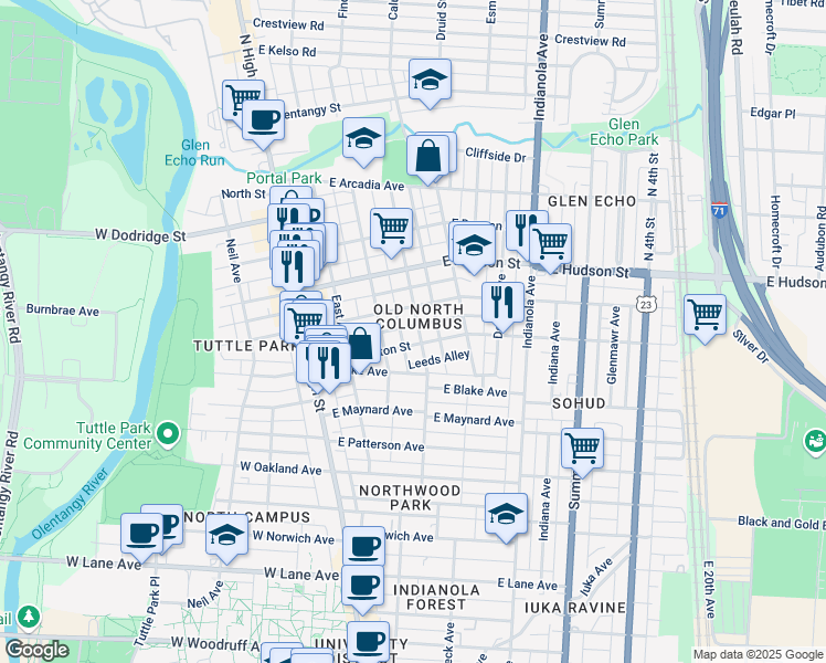 map of restaurants, bars, coffee shops, grocery stores, and more near in Columbus