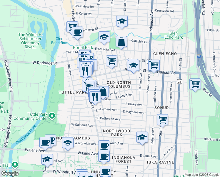 map of restaurants, bars, coffee shops, grocery stores, and more near 98 East Tompkins Street in Columbus