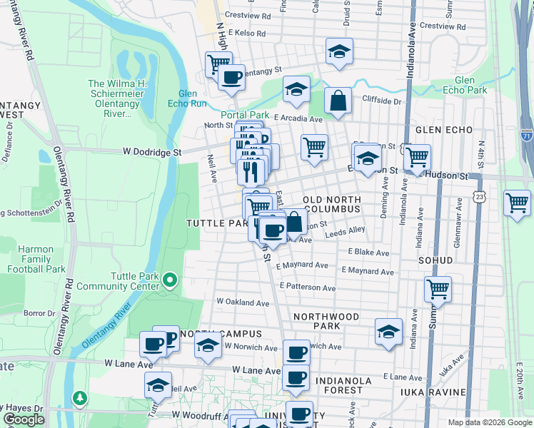 map of restaurants, bars, coffee shops, grocery stores, and more near 42 East Tompkins Street in Columbus