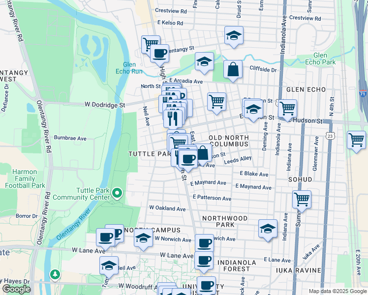 map of restaurants, bars, coffee shops, grocery stores, and more near 42 East Tompkins Street in Columbus