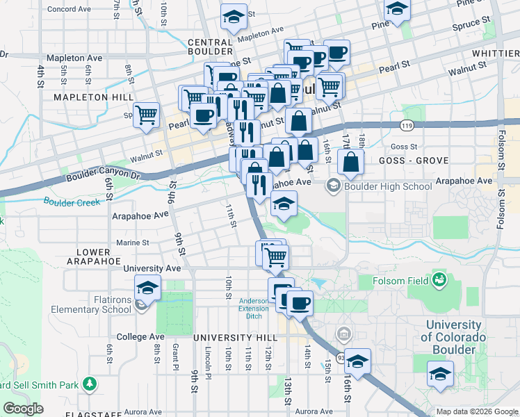 map of restaurants, bars, coffee shops, grocery stores, and more near 1622 Broadway St in Boulder