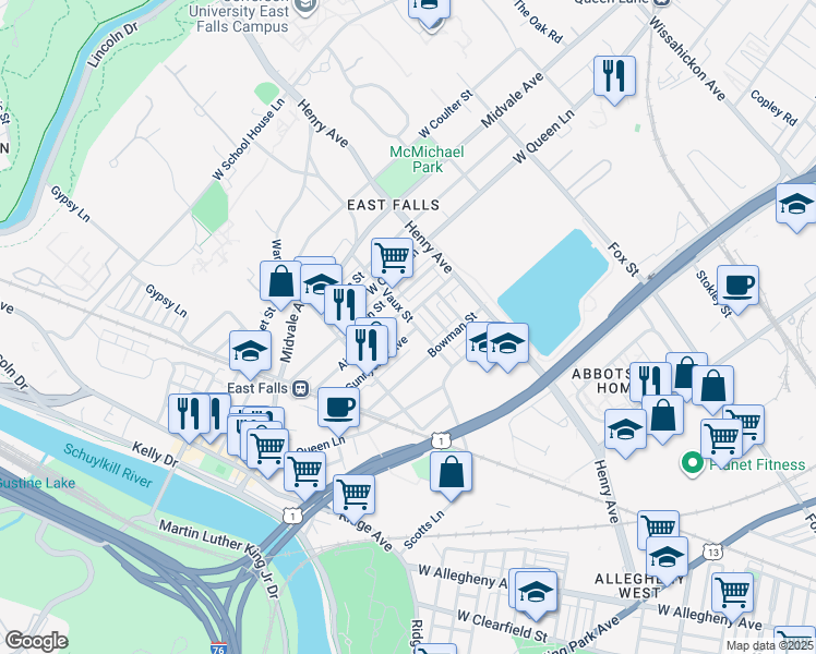 map of restaurants, bars, coffee shops, grocery stores, and more near 3504 Vaux Street in Philadelphia