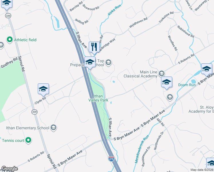 map of restaurants, bars, coffee shops, grocery stores, and more near 767 South Ithan Avenue in Bryn Mawr