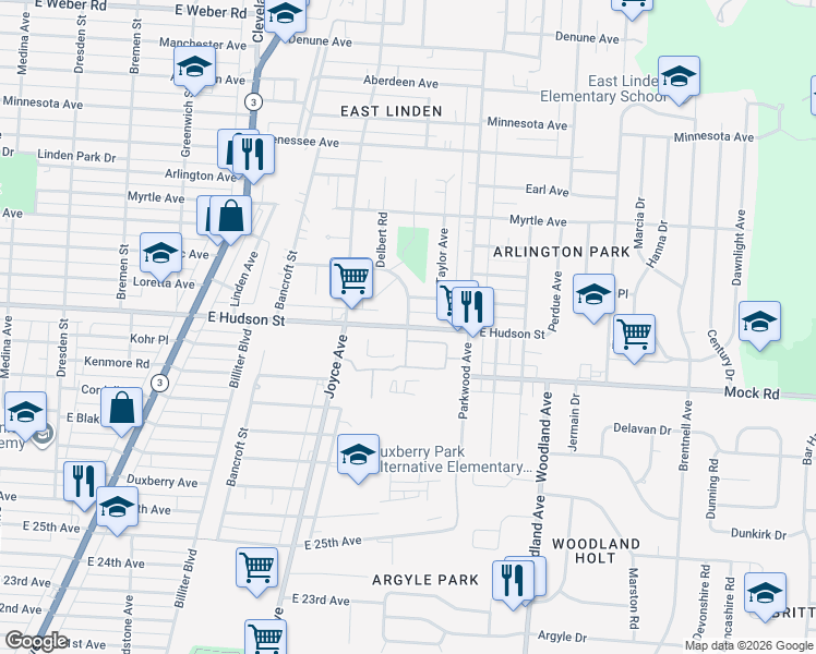 map of restaurants, bars, coffee shops, grocery stores, and more near E Hudson St & Delbert Rd in Columbus