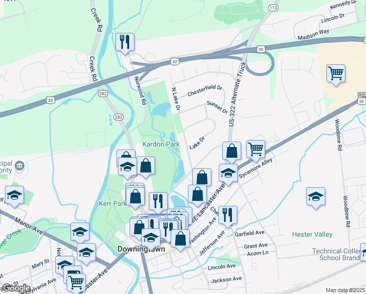 map of restaurants, bars, coffee shops, grocery stores, and more near 117 Lake Drive in Downingtown