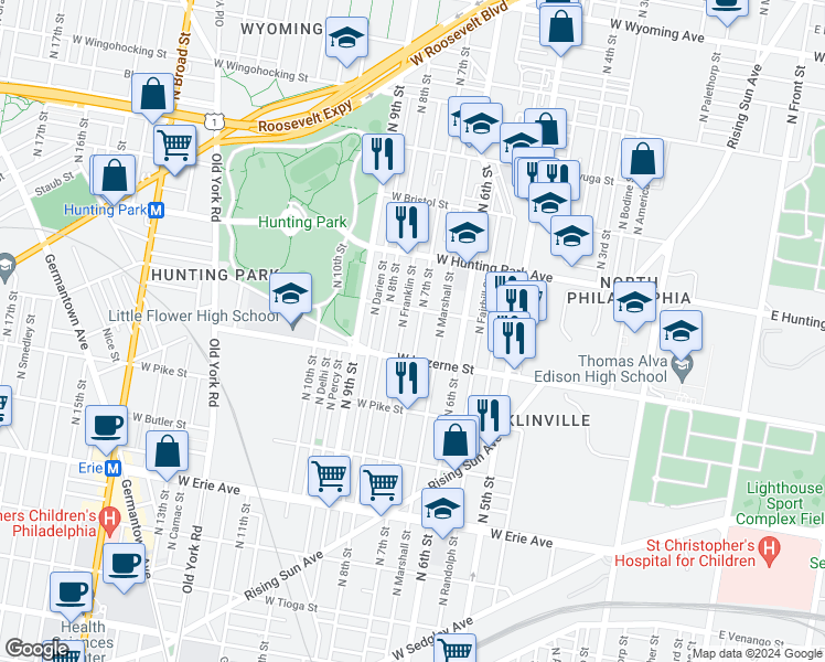 map of restaurants, bars, coffee shops, grocery stores, and more near 4036 North 7th Street in Philadelphia