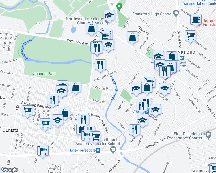 map of restaurants, bars, coffee shops, grocery stores, and more near 1539 East Cayuga Street in Philadelphia