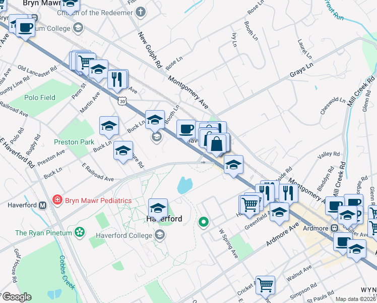 map of restaurants, bars, coffee shops, grocery stores, and more near 410 Lancaster Avenue in Haverford