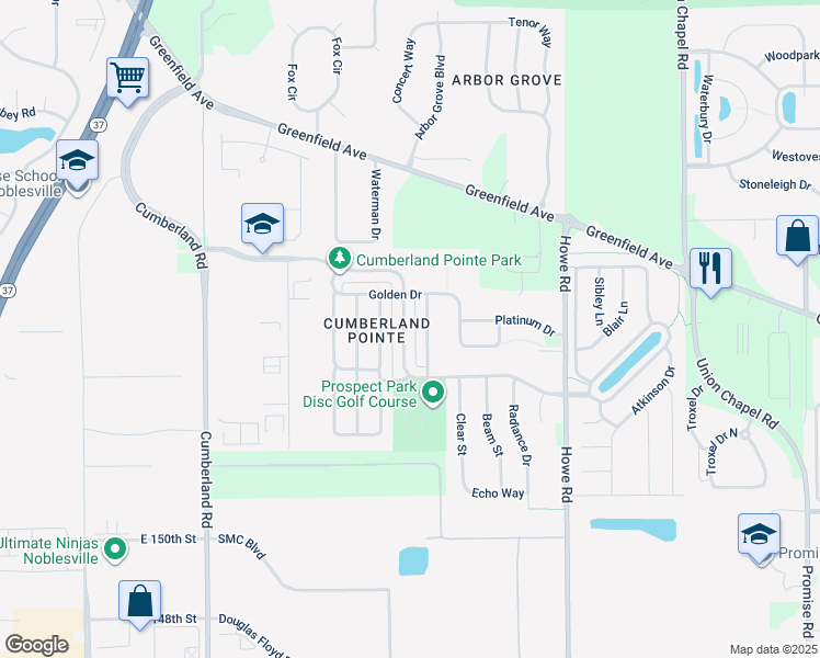 map of restaurants, bars, coffee shops, grocery stores, and more near 10208 Cumberland Pointe Boulevard in Noblesville