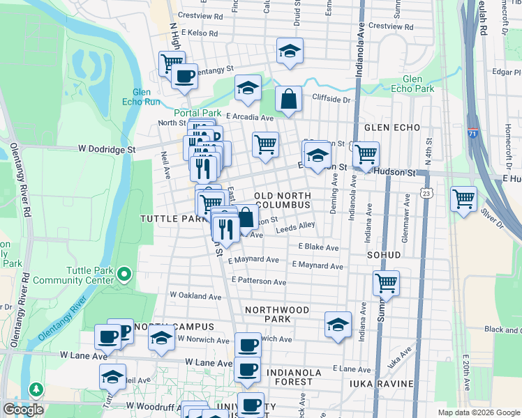 map of restaurants, bars, coffee shops, grocery stores, and more near 98 East Tompkins Street in Columbus