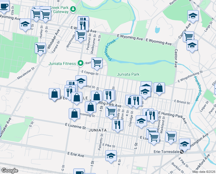 map of restaurants, bars, coffee shops, grocery stores, and more near 4332 Elsinore Street in Philadelphia