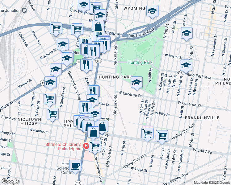 map of restaurants, bars, coffee shops, grocery stores, and more near 4023 Old York Road in Philadelphia