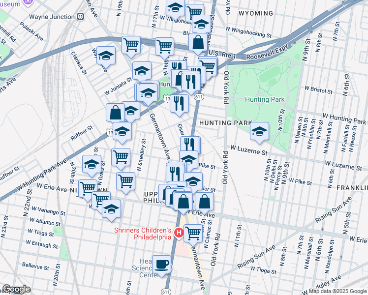 map of restaurants, bars, coffee shops, grocery stores, and more near 3913 Bott Street in Philadelphia