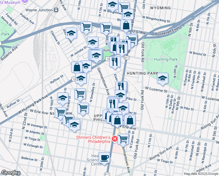 map of restaurants, bars, coffee shops, grocery stores, and more near 1459 Kerbaugh Street in Philadelphia