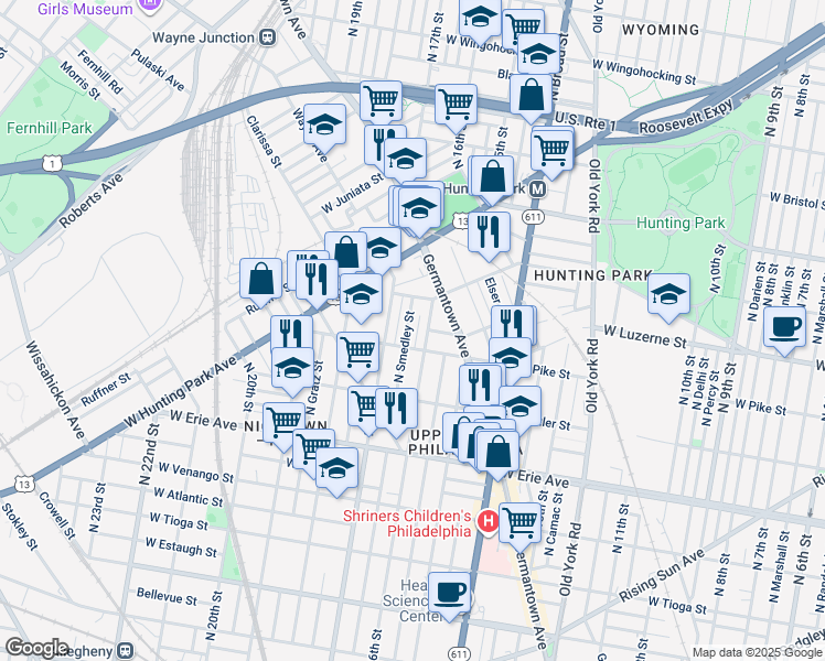 map of restaurants, bars, coffee shops, grocery stores, and more near 3921 North Smedley Street in Philadelphia
