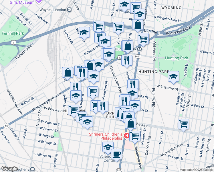 map of restaurants, bars, coffee shops, grocery stores, and more near 3921 North Smedley Street in Philadelphia