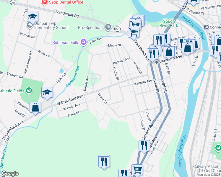 map of restaurants, bars, coffee shops, grocery stores, and more near 1510 West Crawford Avenue in Connellsville