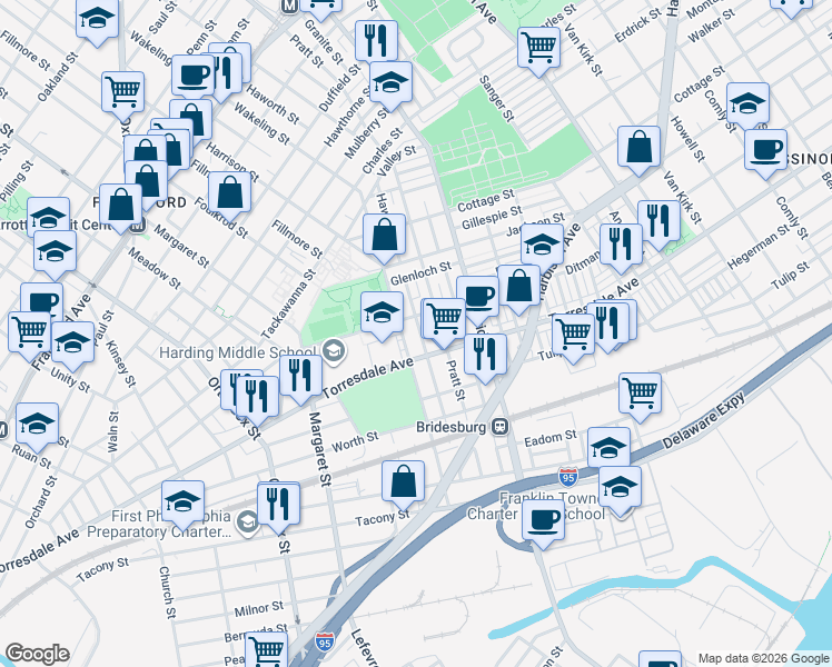 map of restaurants, bars, coffee shops, grocery stores, and more near 5004 Ditman Street in Philadelphia