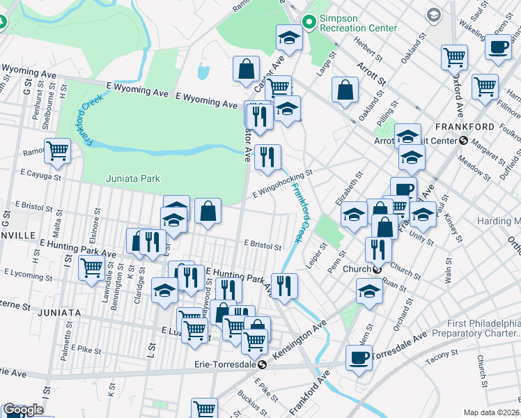 map of restaurants, bars, coffee shops, grocery stores, and more near 1515 East Cayuga Street in Philadelphia
