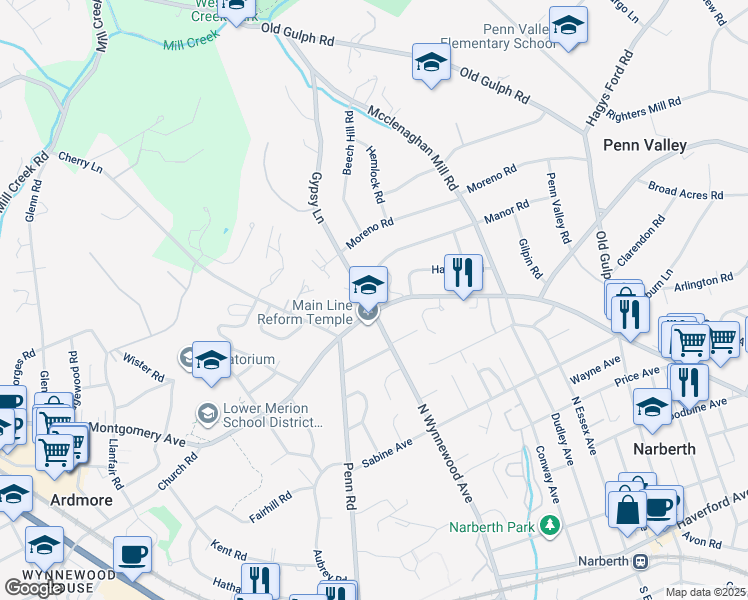 map of restaurants, bars, coffee shops, grocery stores, and more near 1325 Montgomery Avenue in Wynnewood