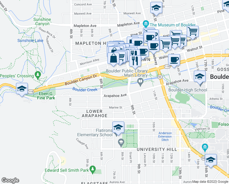 map of restaurants, bars, coffee shops, grocery stores, and more near 715 Arapahoe Avenue in Boulder