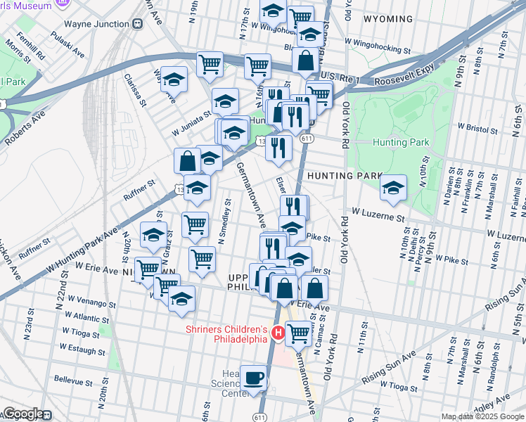 map of restaurants, bars, coffee shops, grocery stores, and more near 3933 Germantown Avenue in Philadelphia