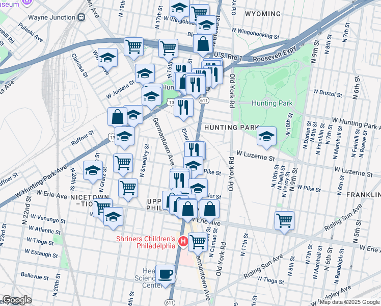 map of restaurants, bars, coffee shops, grocery stores, and more near 3914 Elser Street in Philadelphia
