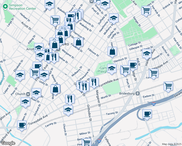 map of restaurants, bars, coffee shops, grocery stores, and more near 4709 Tackawanna Street in Philadelphia