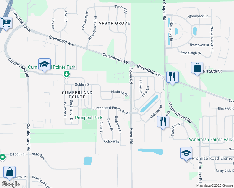 map of restaurants, bars, coffee shops, grocery stores, and more near 10455 Platinum Drive in Noblesville