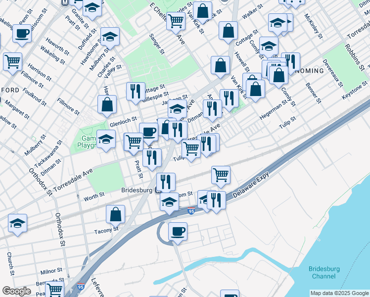 map of restaurants, bars, coffee shops, grocery stores, and more near 2117 Kennedy Street in Philadelphia